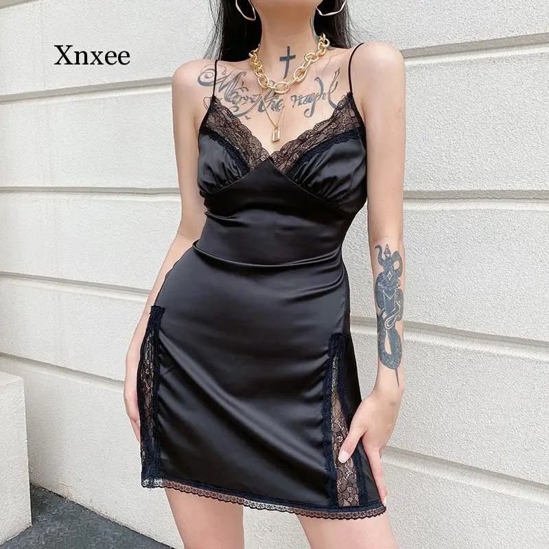 Sexy Lace Splicing Stretch Satin V-Neck Spaghetti Straps Mini Dress Backless Slit Elegant Party Solid Summer Ladies Short Dress