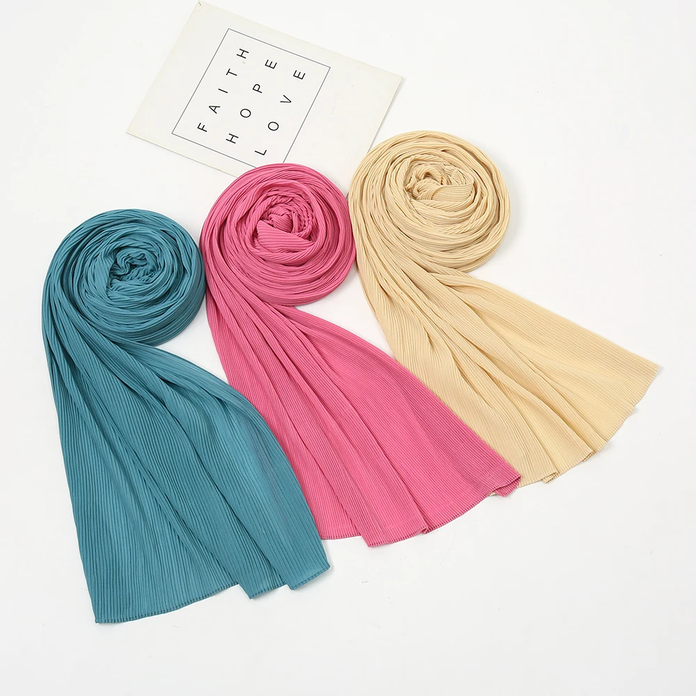 34 Colors New Plain Chiffon Scarf Wrinkle Hijab Solid Color Stripe Crinkle Scarves Women Shawls Wrap Muslim Head Turbante