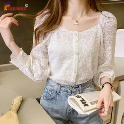 White Lace Tops 2020 Fall Autumn Long Sleeve Single Breasted Button Basic Shirts Preppy Style Women Hollow Out Crochet Lace Top