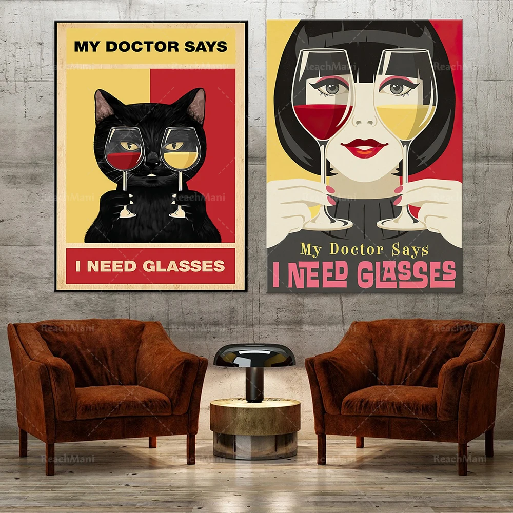 Cat poster, my doctor said I need glasses, black cat art prints, gifts for wine lovers, wine wall art, funny cat posters, the be