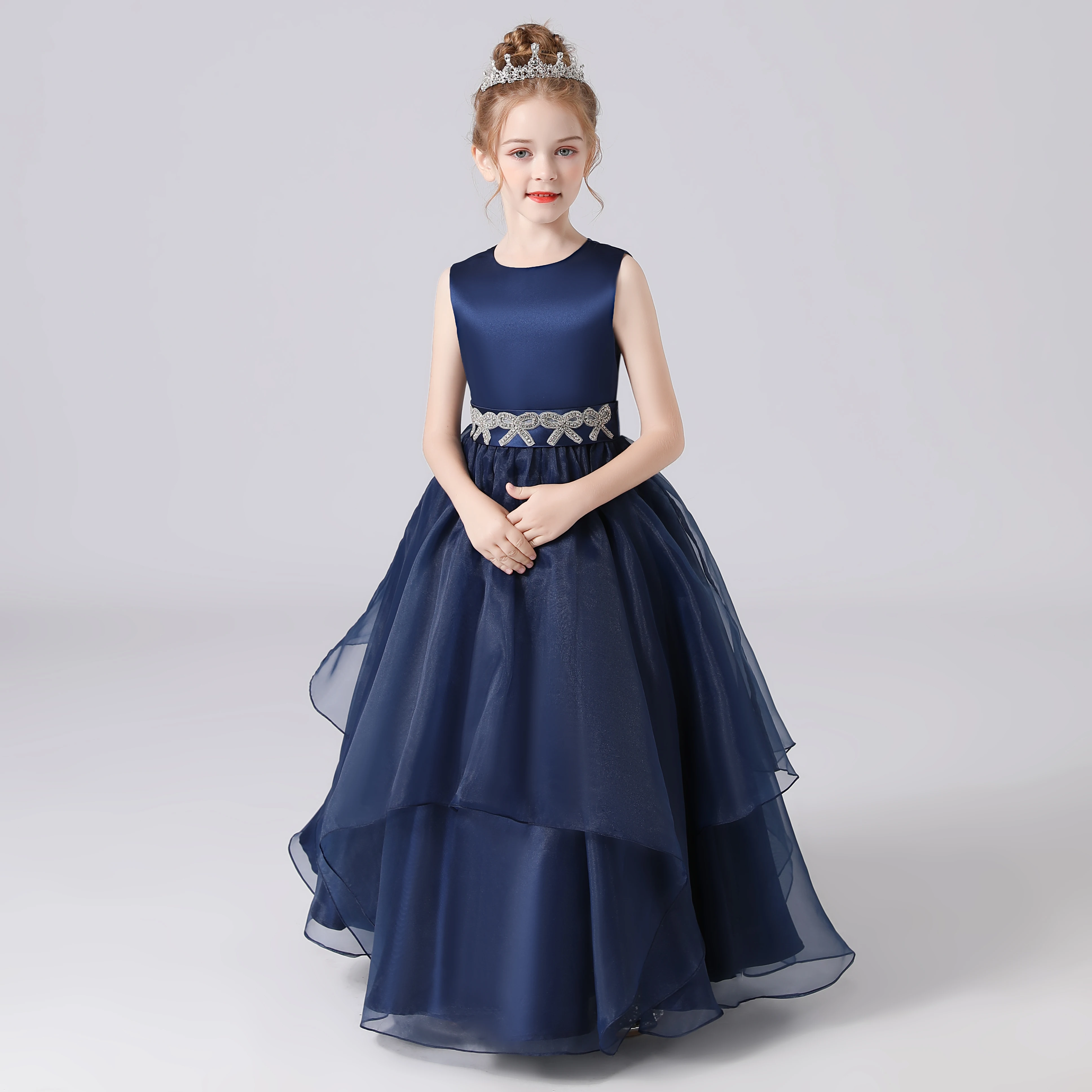 Dideydress-Azul Marinho Sashes Frisado Bow Tiered Flower Dresses para Meninas, Organza Princess Vestidos Formais para Crianças, Birthday Party Gown