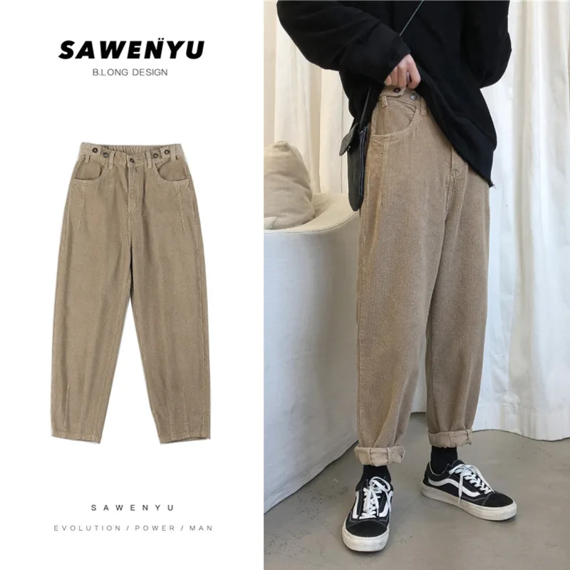 Corduroy Pants Men Fashion Retro Casual Solid Color Straight Pants Men Streetwear Khaki Black Harem Pants Mens Vintage Trousers