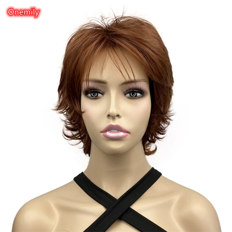 

Onemily Heat Friendly Natural Short Wavy Shaggy Layered Auburn Women Synthetic Wigs with Bangs