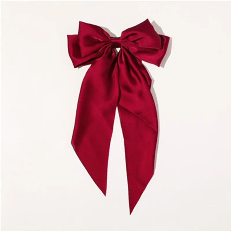 Retro Wine Red Satin Bow Hair Clips Ponytail Long Hair Ribbons New Hair Accessories Solid Hair Barrettes Hairpins Bow Snap Clips