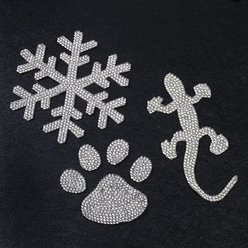 Silver Clear Rhinestone Gecko Dog Paw Snowflake Iron Patches for Clothing Crystal Appliques Iron-on Clothes Sticker Badge Craft