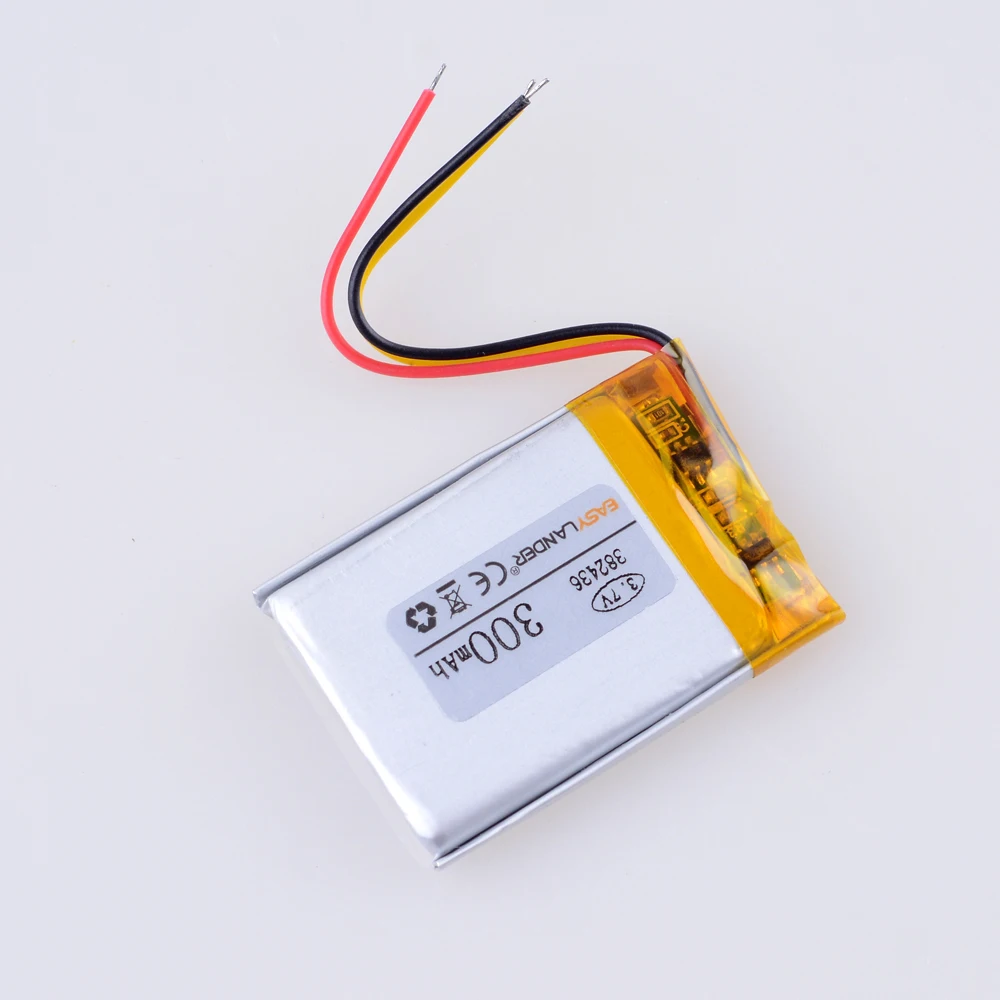 Bateria recarregável do polímero do Li-íon do lítio, 3 linhas, 382436, 3.7V, 300mAh, para GPS, MP3, telefone celular, orador