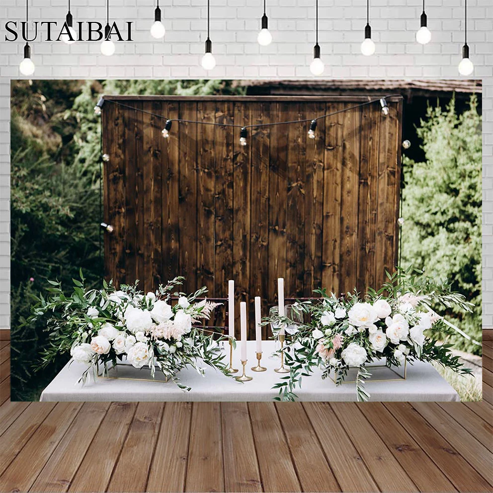 

Vintage Flowers Wooden Wall Wedding Background Valentine's Day Party Lovers Portrait Banner Backdrops for Photographers Stuio