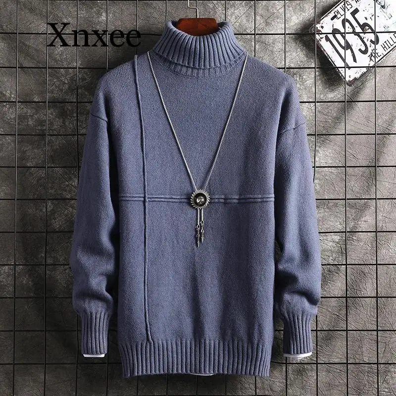 Jersey de cuello alto de manga larga con solapa de punto para hombre, Jersey Regular de cuello alto, Color sólido, estilo inglés, oficina, Invierno