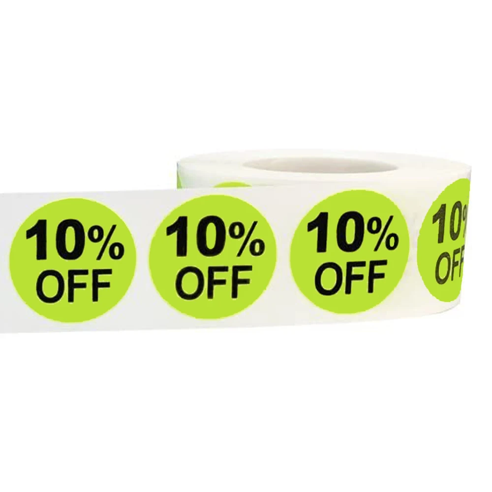 2021 New Trend 500 PCs/Roll Adhesive Labels 10% Percent Off Stickers Hot Green With Black Lettering 2 Inch For Store Promotion