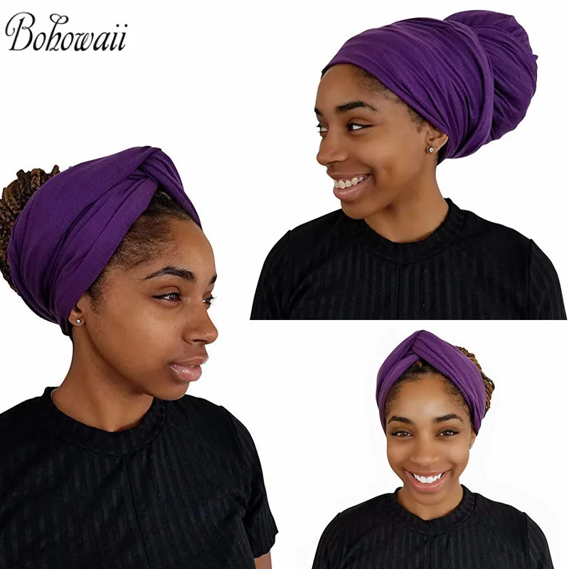 BOHOWAII Casual Jersey Turbante Solid Color Head Wrap -Stretch Long Hair Scarf Turban Tie Bonnet Hijab Scarves 180x80cm Tulband