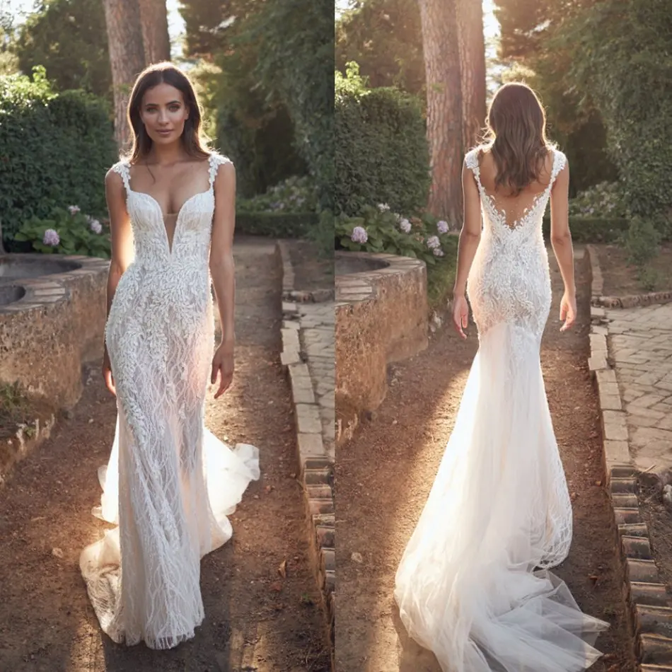 

Gorgeous Mermaid Beads 2020 Wedding Dresses Lace Appliqued Strap Sweetheart Bridal Gowns Sweep Train Robe De Mariée