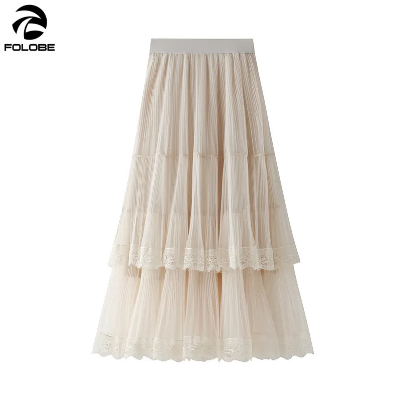 FOLOBE Women's Cake Skirt Autumn and Winter New Mid-length All-match Gauze Skirts Winter with Sweater Sweet Solid Color Skirt