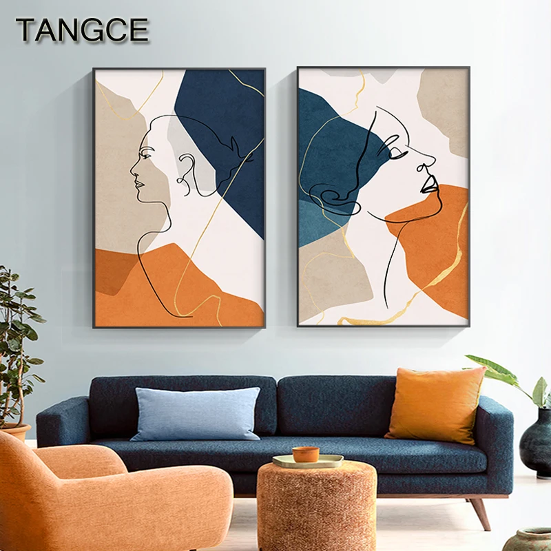 Nordic Figures Face Line Art Posters Prints Blue Orange Color Canvas Paintings Abstract Minimalist Wall Picture Home Decoration