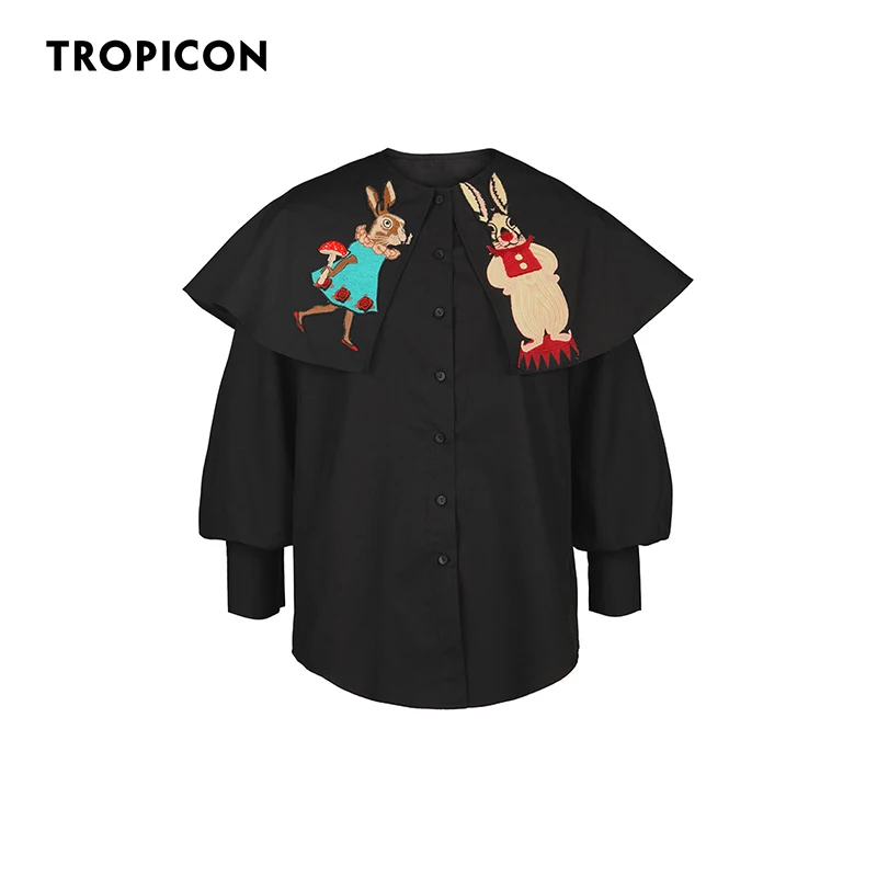 

TROPICON Rabbit Embroidered Kawaii Shirt Sailor Collar Black Long Sleeve Button Up Shirt Cute Blouse Korean Fashion Clothing