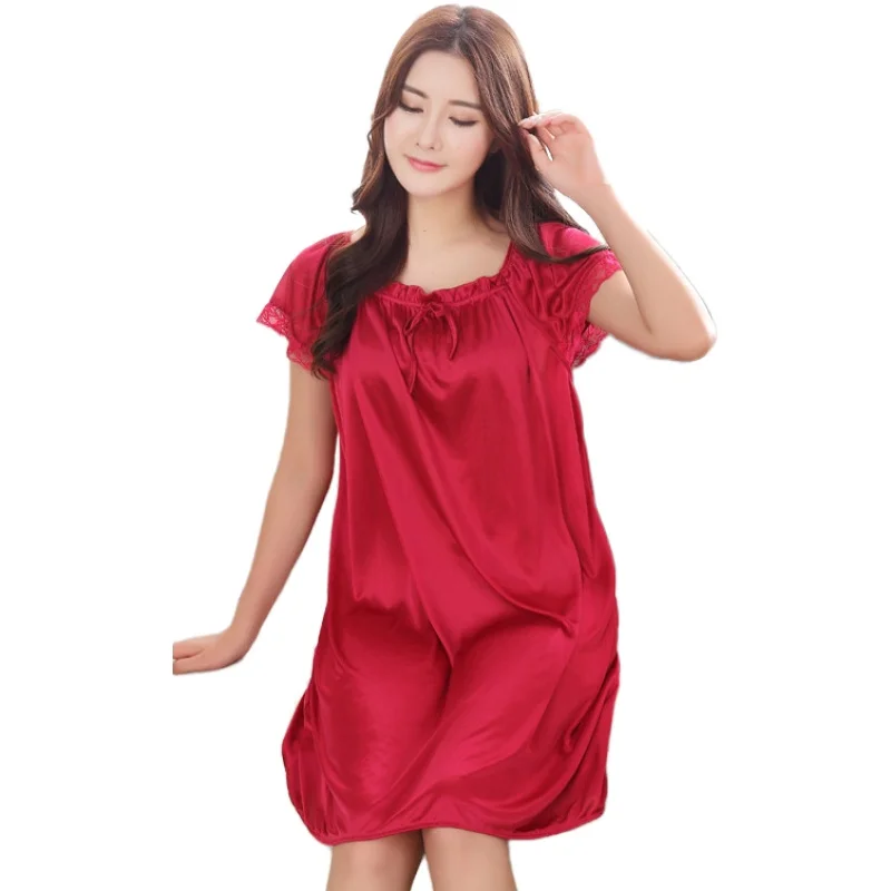 Sexy Lace Large size Bust 125CM Women Sleep Wears Short-sleeved Nightgown Slim Girl Casual Satin Silk Sexy Big Yards Nightgowns