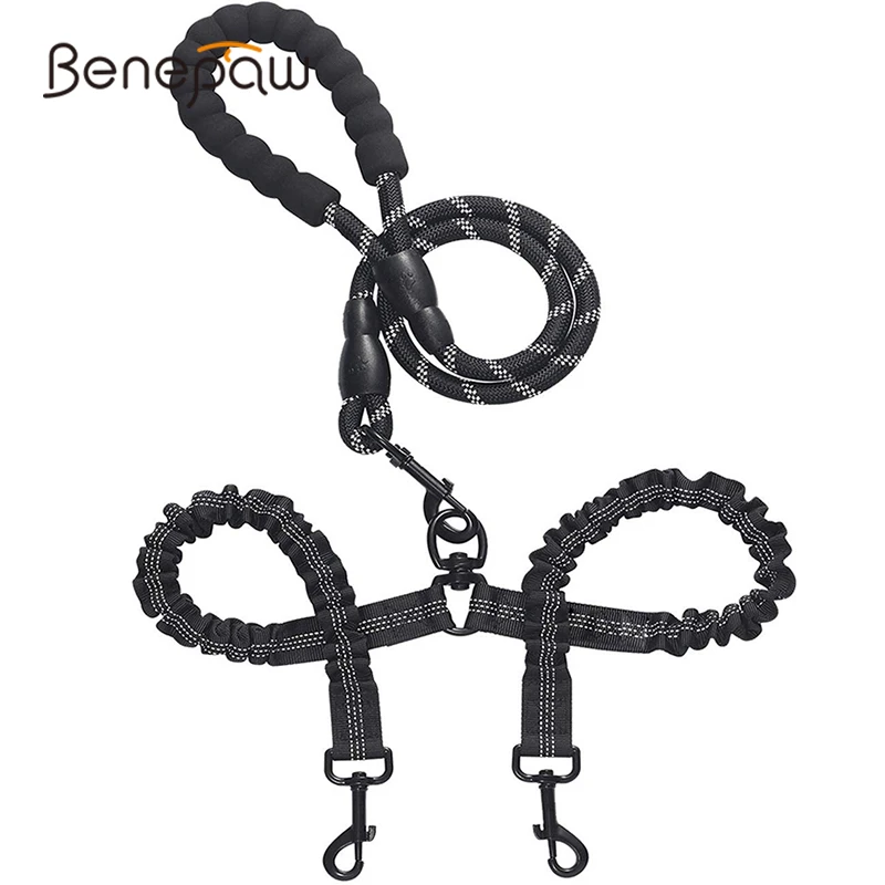 Benepaw 360 Swivel No Tangle Bungee Double Dog Leash Reflective Padded Shock Absorbing Strong Dual Dog Leash Pet Two Puppy