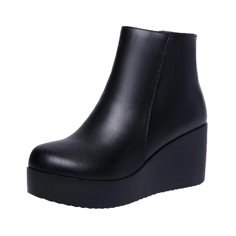 Big Size 43 Female Platform Wedges Boots Black Autumn Winter Ankle Boots For Women High Heels Ladies Leather Shoes Zipper Q0002