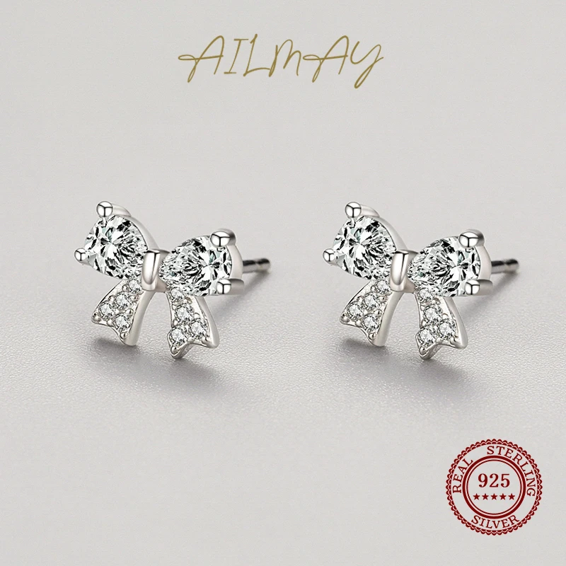 Ailmay Genuine 925 Sterling Silver Cute Romantic Dazzling Zircon Bowknot Earrings For Women Wedding Engagement Jewelry