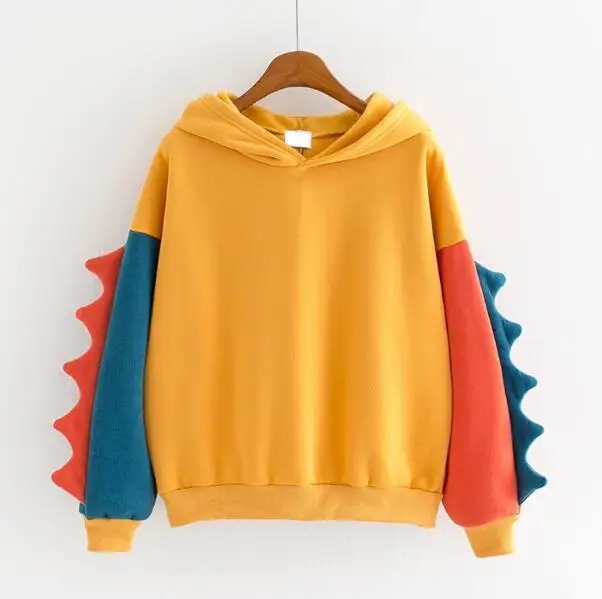 Women Hoodies New Cute Cartoon Patchwork Harajuku Sweatshirt Female Hooded Pullover Dinosaur Outerwear Yellow Green Orange Blue