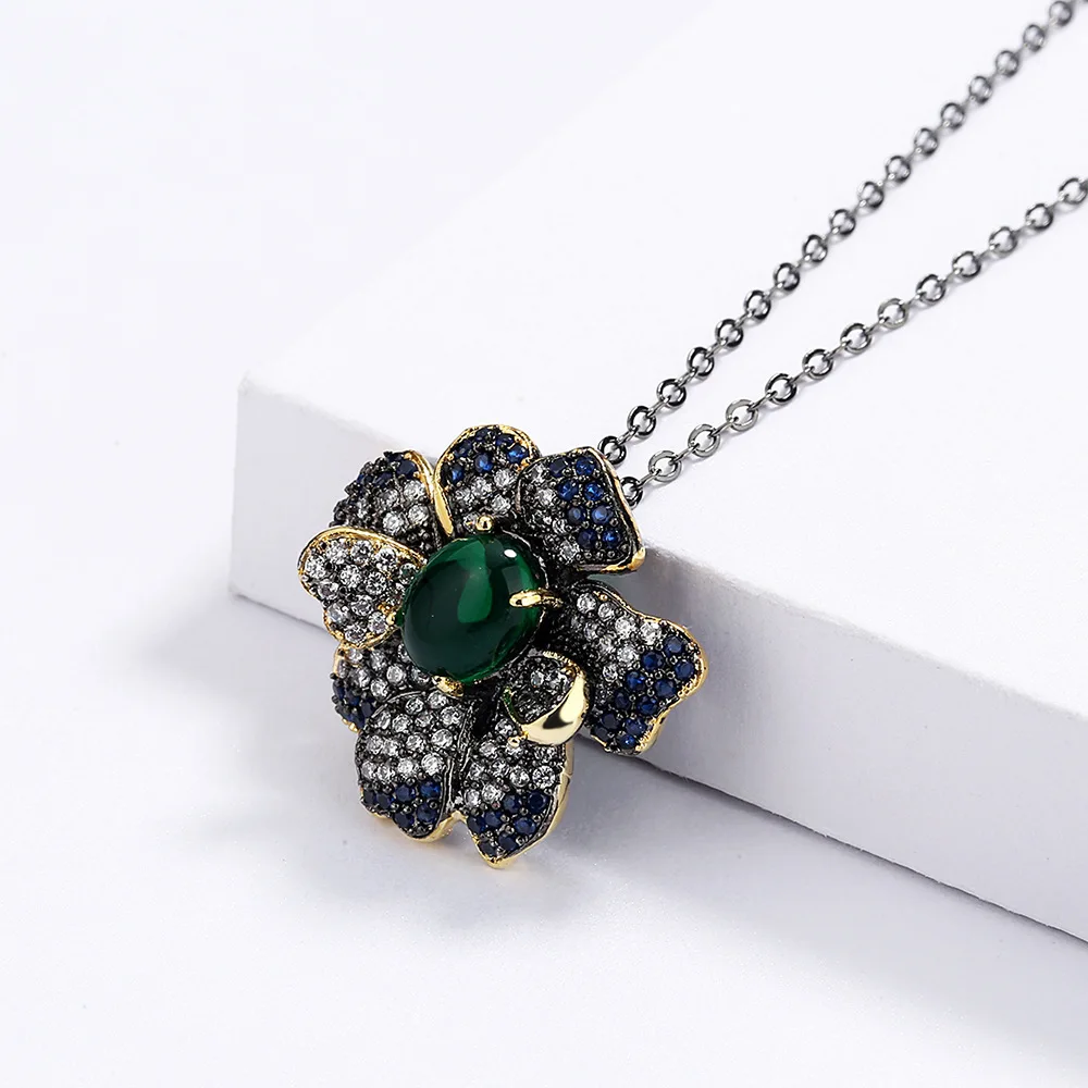 Fashion Retro Ethnic Flower Clavicle Chain Green Translucent Zircon Pendant 925 Silver Women's Jewelry Sweater Chain