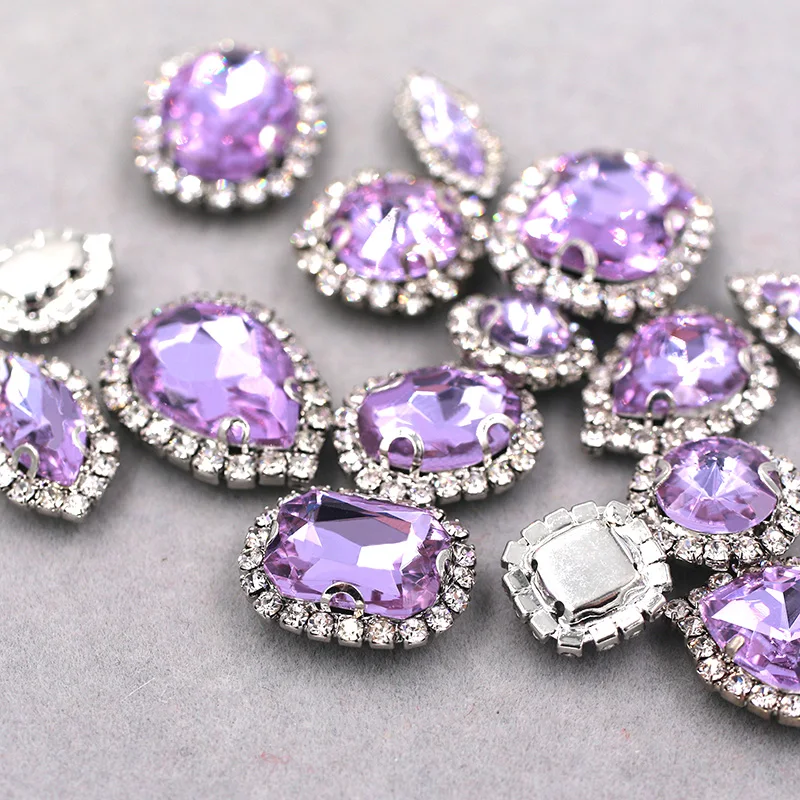 Hot sale violet mixed shape glass strass flatback sew on crystal button rhinestones for clothing/wedding decoration