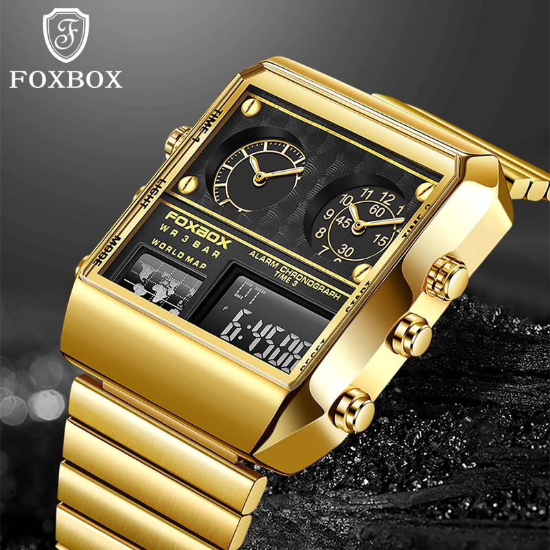 FOXBOX New Retro Quartz Watch Men's Multi-function Square Wristwatch Stainless Steel Strap Watches for Men Relogio Masculino+Box