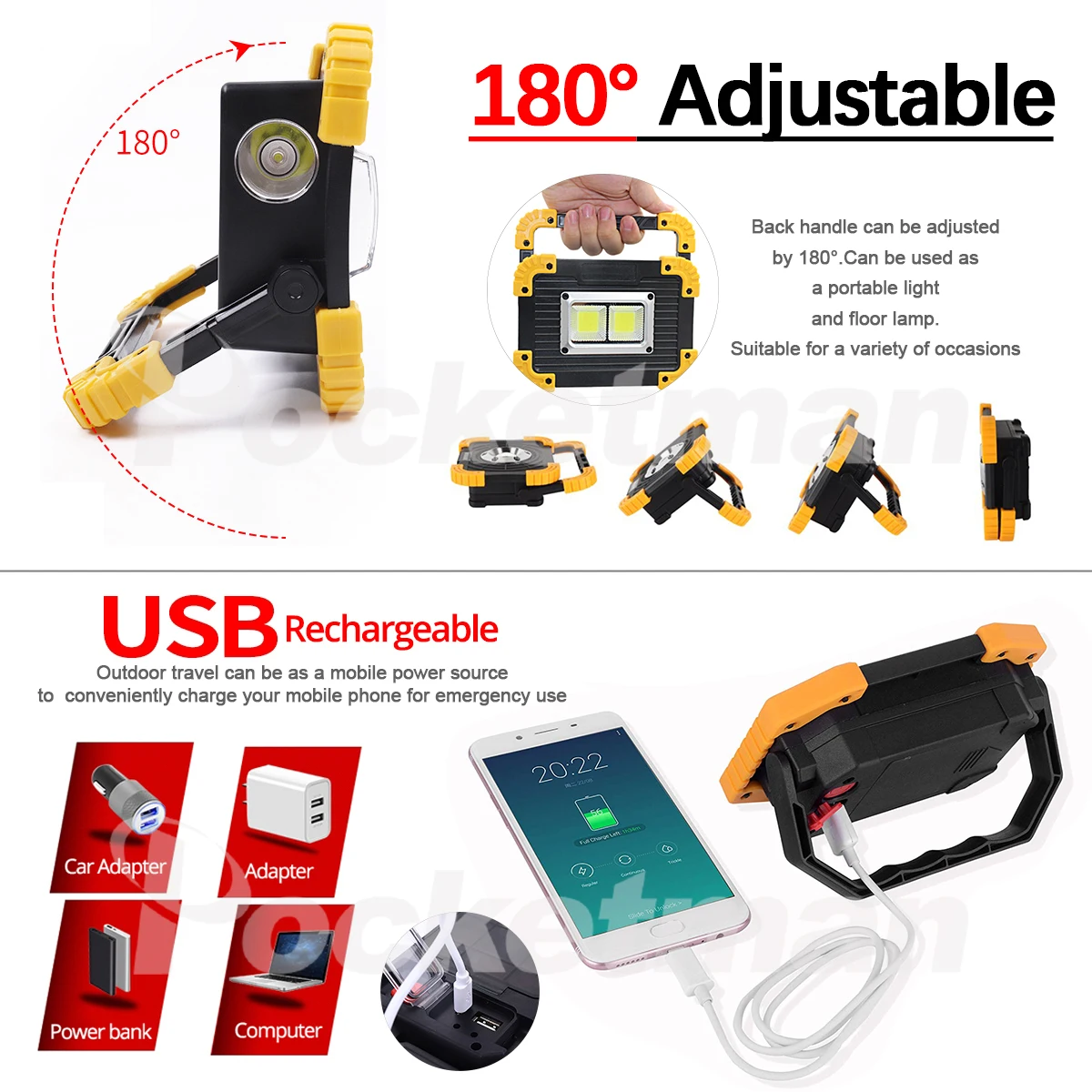 100W COB LED Work Light USB Rechargeable Spotlight Handheld Searchlight Waterproof Emergency Light Camping Light Work Lamp