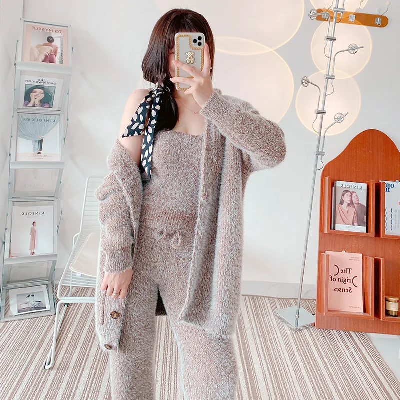 Hooded Cardigan Pajamas 3-Piece Set Soft Imitation Mink Velvet Sleepwear Warm Winter Pijama Thicken Women\'s Home Clothes Pyjamas