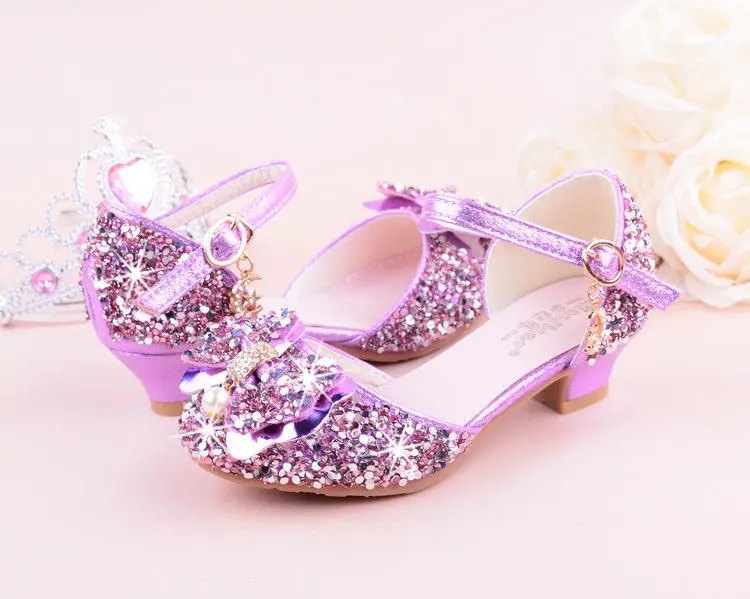 Sandalias de tacón alto con diamantes de imitación y lazo para niña, zapatos de cuero sintético para baile de princesa, color morado, rosa y