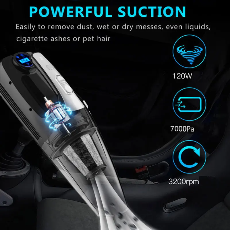 4 In 1 Powerful Car Vacuum Cleaner Car Air Compressor Tire Pressure Gauge Cord Vacuum Cleaner For Car With LED Light