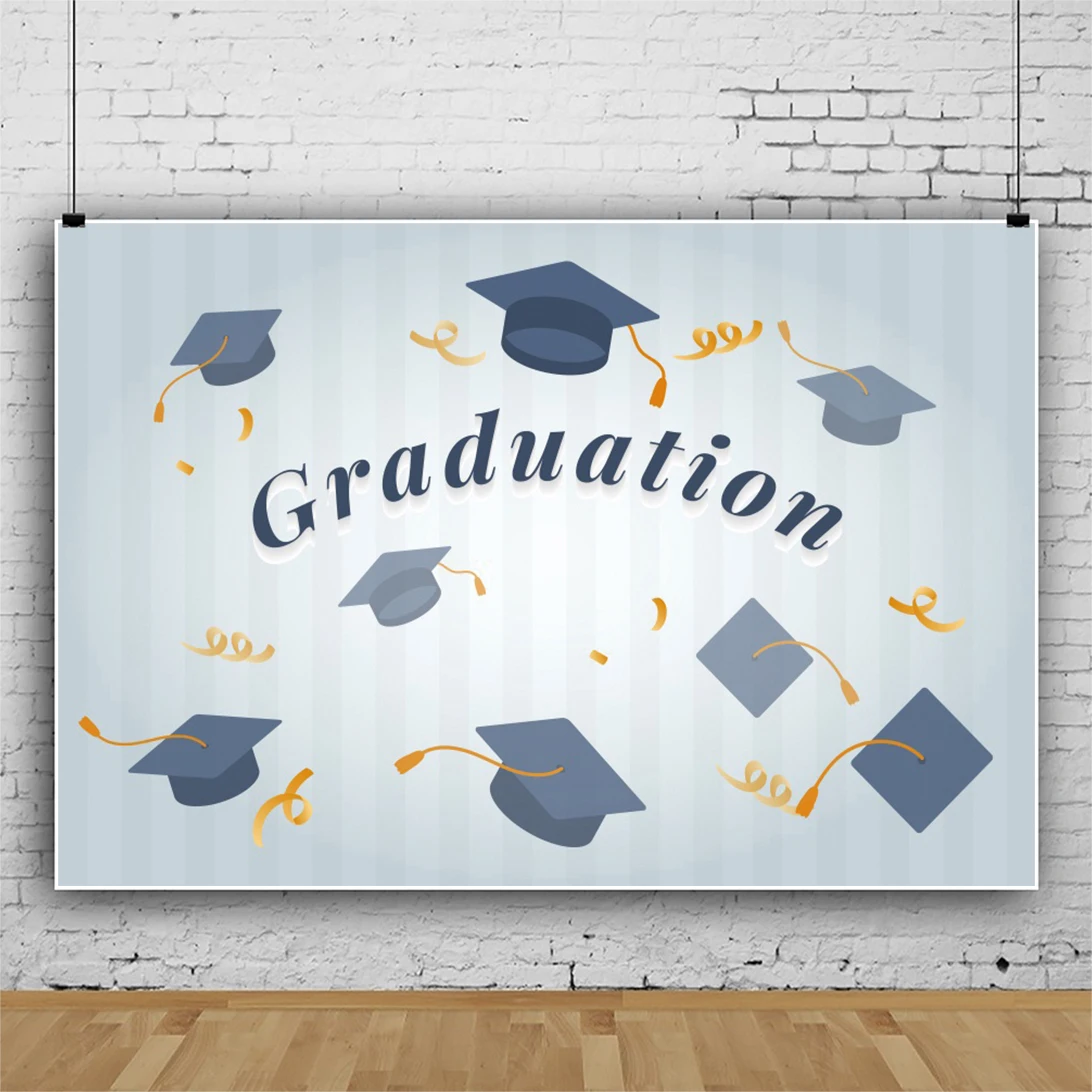 Laeacco Graduation Bachelor Cap Gold Balloon Celebrate Party Banner Poster Portrait Personalized Photo Background Photo Backdrop