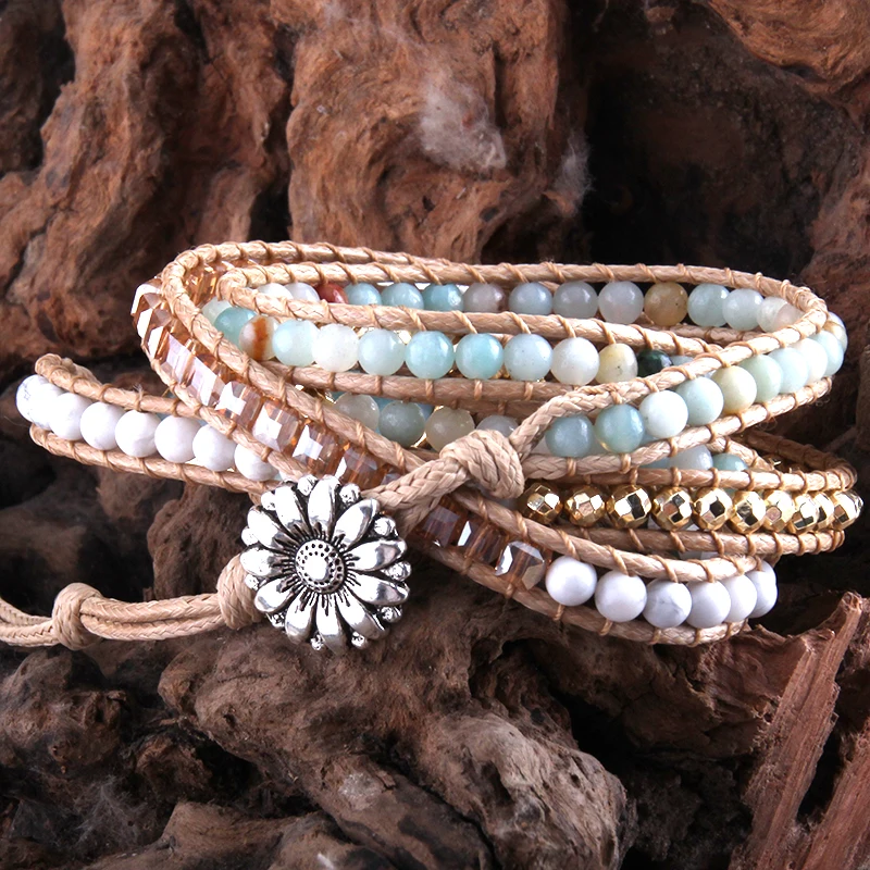 New Fashion Boho Bracelet  Blue Natural Stones Grass Amazonite Charm 5 Strands Woven Wrap Bracelets Gift
