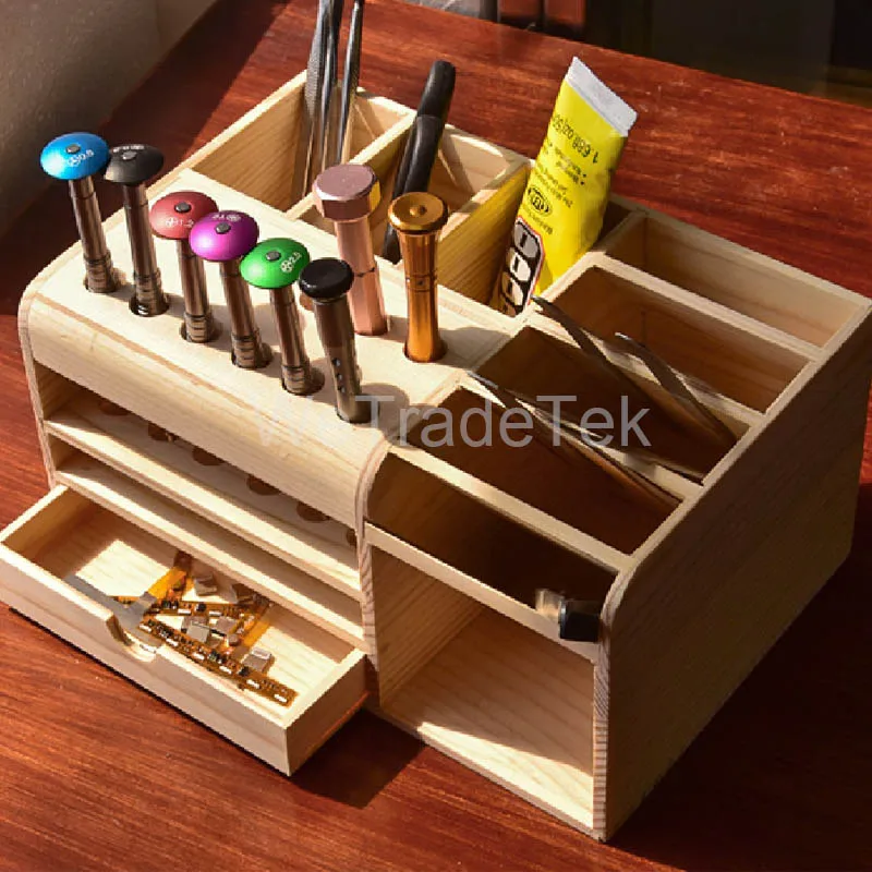 Mutifunctional di Legno Scatola di Immagazzinaggio Del Desktop di Riparazione Del Telefono Cacciavite Pinzetta Parti Del Telefono Del Supporto Dell'organizzatore