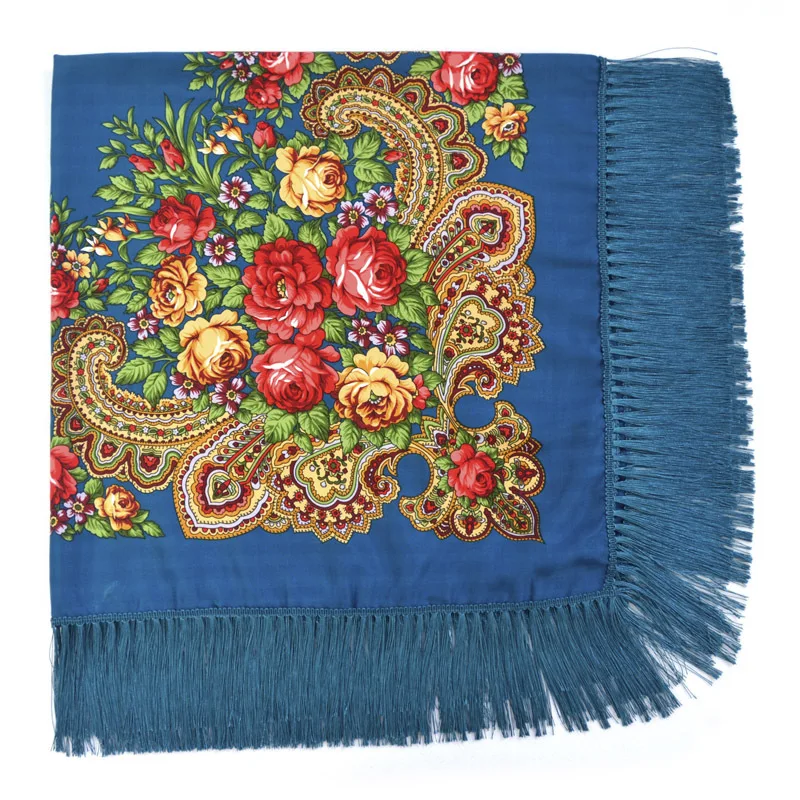 135*135cm Russian Style Square Scarf For Women Big Size Cotton Print Head Scarves Lades Fringed Headwraps Foulard National Scarf