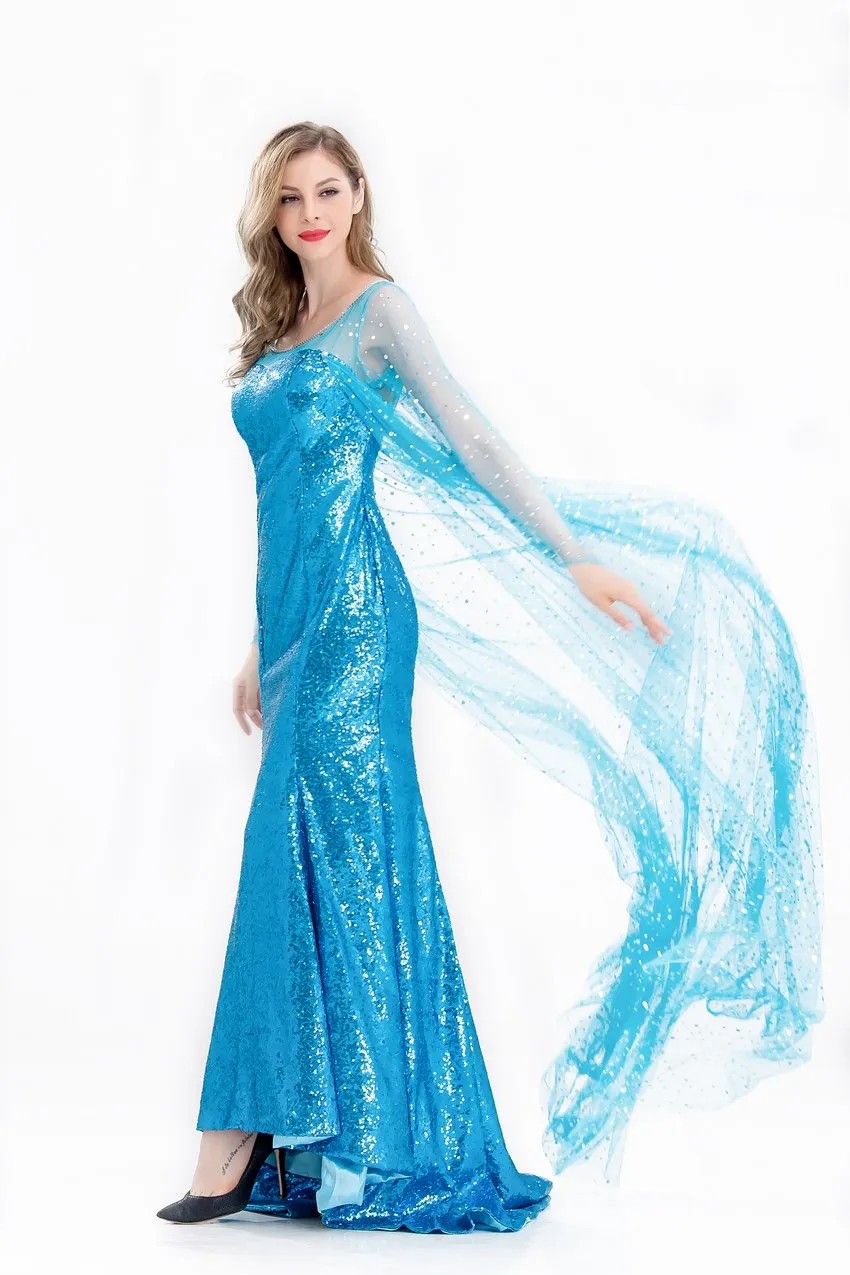 Adult Elsa Frozen Princess Long Dress Princess Elsa Dress Cosplay Costume Adult Women Girls Halloween Carnival Cosplay Costume