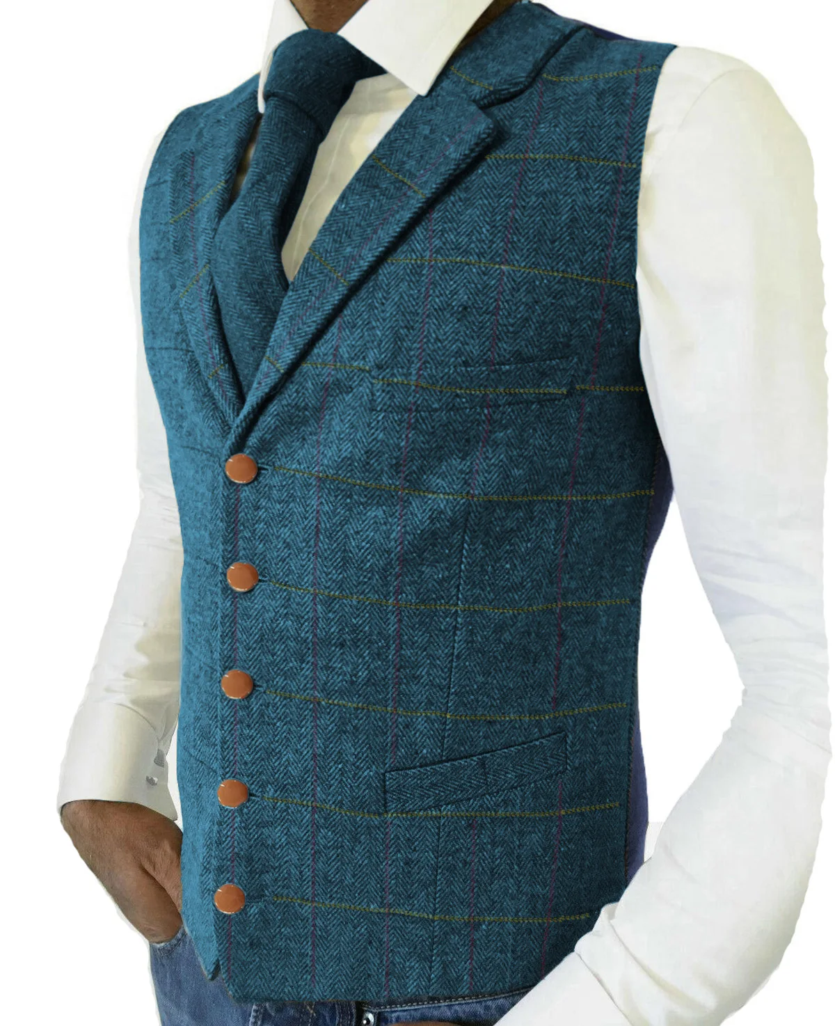 Bruin Heren Vesten Casual Plaid Vest Mannen Pak Vesten Wol Visgraat Tweed Maat Kraag Pak Vest Trouwjurk Vest