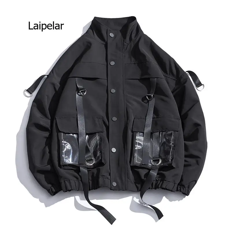 

Men Military Jacket Coats Casual Windbreaker Ribbons Pockets Men's Overalls Bomber Jacket Hip Hop Streetwear Man Outwear