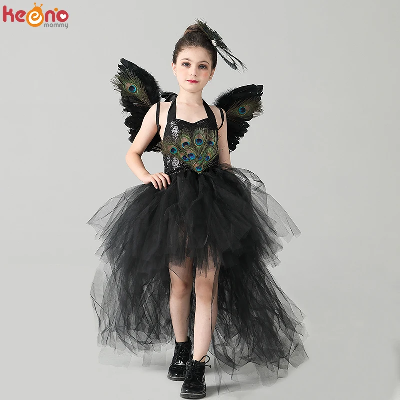 Fancy Peacock Feather Girl Pageant Tutu Dress with Wing Kids Deluxe Peacock Tutu Costume Dress Evening Party Halloween Clothes