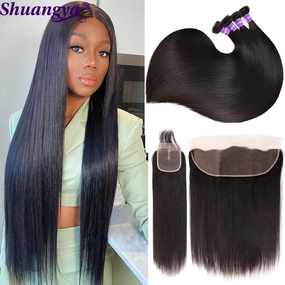 

Peruvian Bone Straight Bundles With Frontal Transparent Lace Closure With Bundles Shuangya Long Hair Weave 100% Remy Human Hair