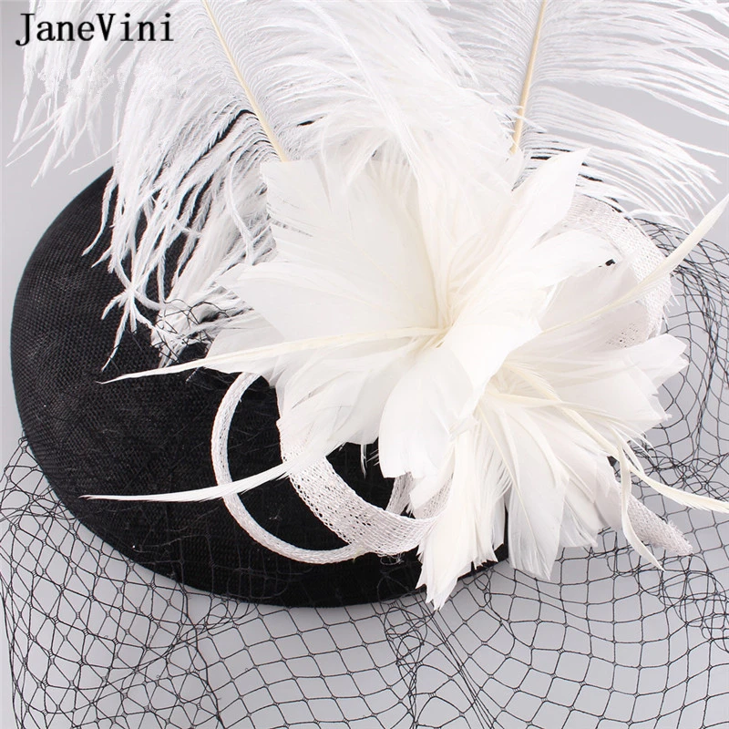 JaneVini Ivory Bridal Wedding Hats Facinators for Women Linen Mesh Headpiece Hat Feathers Fancy Veils Fashion Halloween Headwear