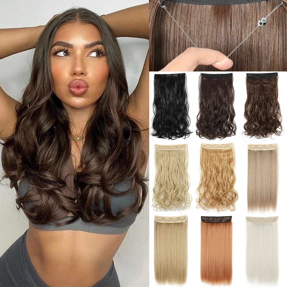 Hair Extensions No Clips Synthetic Fake Hair Ombre Pink Blonde Brown Black Natural Wavy Curly False Hair Piece For Woman