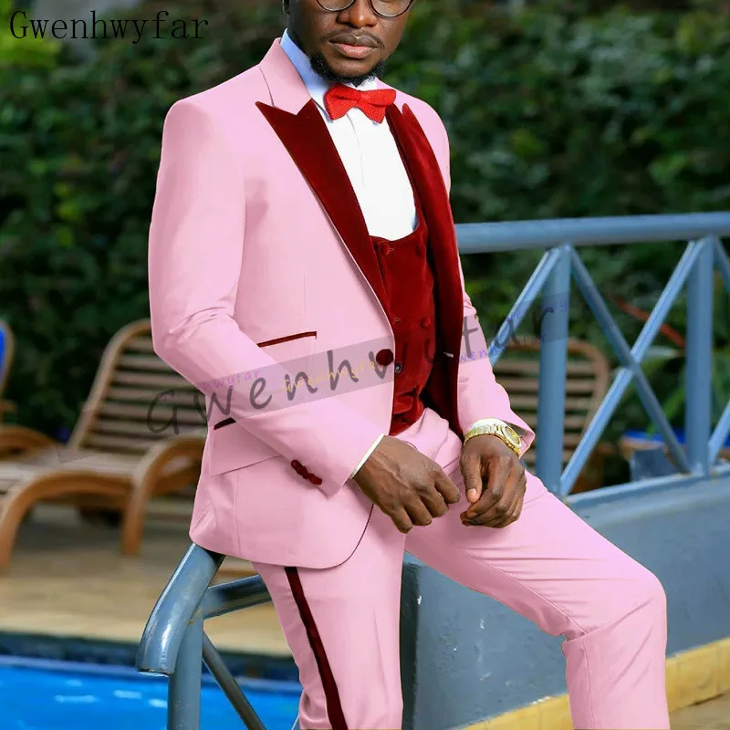 Gwenhwyfar Latest Coat Pant Designs Pink+Burgundy Men Suit Slim Fit 3 Piece Tuxedo Groom Wedding Suits Custom Prom BlazerG2029