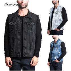 DIMUSI-Chaleco vaquero de diseño Vintage para hombre, chaqueta Retro sin mangas, informal, con agujeros rasgados, ropa de verano y otoño