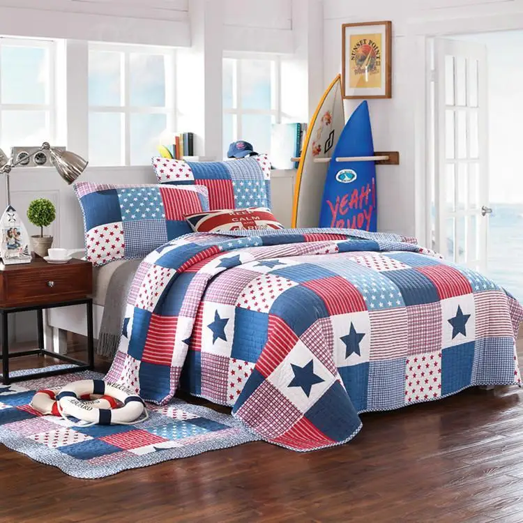 

40 Colorful Stars printed Cotton Patchwork Bedspread for Teens Boys Twin Full Queen size Bedspread Pillowshams Reversible