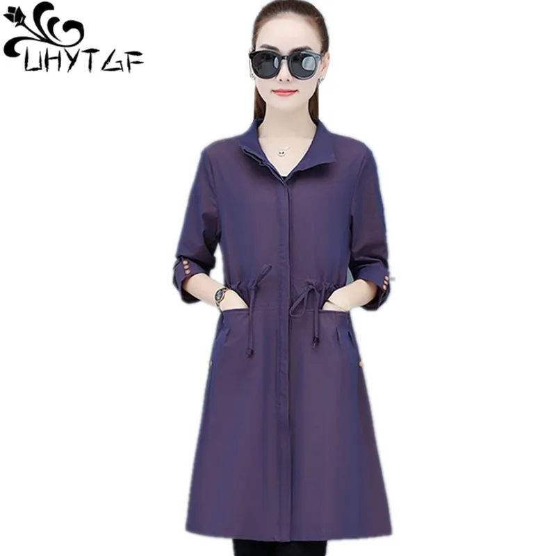 UHYTGF 5XL Big Size Tops Outerwear Women Spring Autumn Windbreaker Female 2021Fashion Mid-Length Casual Mother Trench Coat 2098