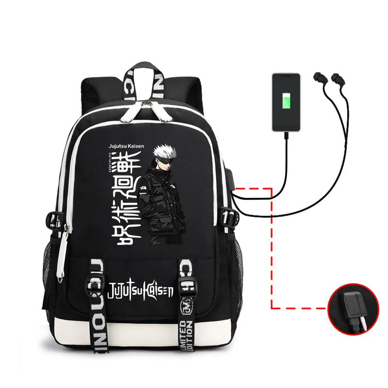 Jujutsu-mochila Kaisen de Anime para niños y niñas, bolso escolar de viaje con carga USB, Ultra multifunción, Gojo Satoru Plus