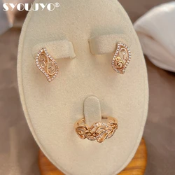 SYOUJYO Luxury Hollow Natural Zircon Drop Earrings Ring Sets Women Elegant Bride Wedding Fashion 585 Rose Gold Color Jewelry Set