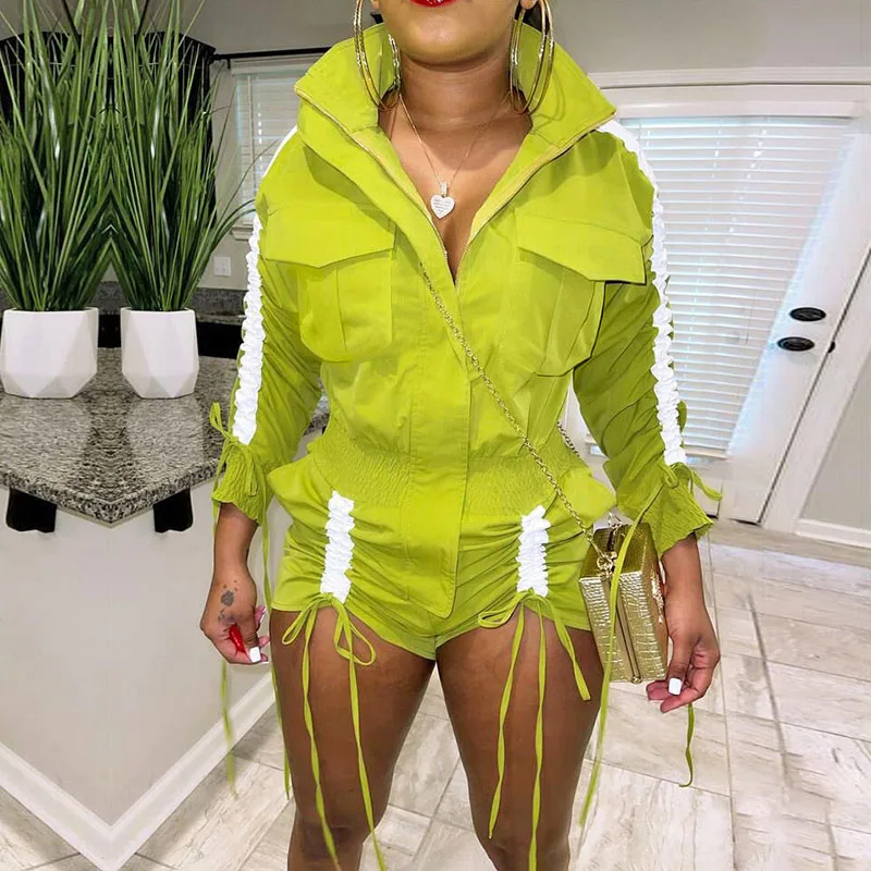 

Reflective Striped Y2K Playsuit Women Zipper Turn-down Collar Long Sleeve Rompers Female Streetwear Pockets Jumpsuit Shorts