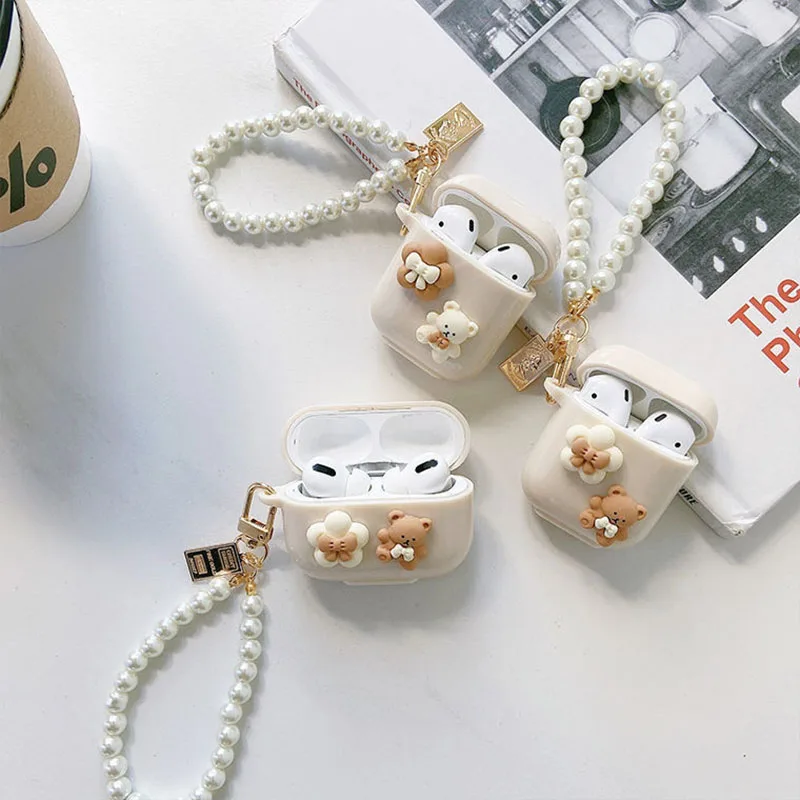 Apple Airpods用TPUケース,かわいいシンプルなチェリーベアの装飾,真珠のブレスレットキーホルダー,Airpods 3 pro 2,4用イヤホン