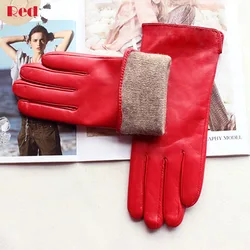 Guantes de piel de oveja de cuero para mujer, forro polar cálido, Color a la moda, finos, para actividades al aire libre, bicicleta eléctrica, conducción